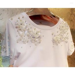 Women's T Shirts Women Tees Solid Heavy Industry Beading Shiny Piece Fairy Three-dimensional Flowers Cotton Stretch T-shirt Female Clothing