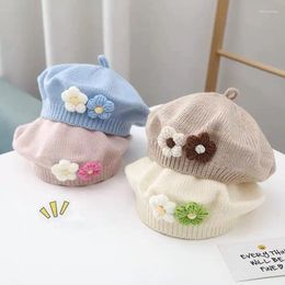 Hats Solid Coloured Flower Baby Hat Fashionable Girl Warm Vintage Knit Beret Child Fall Winter Children Painter