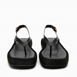 Nxy Sandals Women Black Flat Form Summer Soft Leather Flip Flops Sexy Chunky s Plus Size Beach Shoes 230406