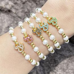 Charm Bracelets Cubic Zircon Number 35 For Women Copper Gold Plated Beaded White Pearl Lucky Jewellery Gifts Brth53