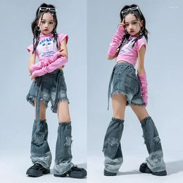 Stage Wear 2023 Hip Hop Dance Costumes For Girls Pink Crop Tops Jeans Set Children Jazz Modern Performance DQS14064