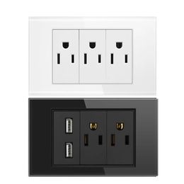 Electric Power Wall Socket Double Power Cable Plug / Triple 2/3 Pole Glass Panel Outlets Plate US Modular Mounted Dual USB Port Charger Uuop