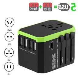 Travel Adapter International Universal Power Cable Plug Adapter All-in-one with 5 USB Worldwide Wall Charger for UK/EU/US/Asia Cgfql