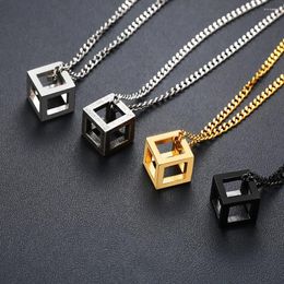 Pendant Necklaces Punk Hollow Cube Pendient For Men Women Unisex Stainless Steel Square Charm Jewelry Necklace Geometric Fashion