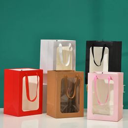 Gift Wrap 5pcs Transparent Window Kraft Paper Gift Bags Flower Gifts Packaging Bag For Birthday Wedding Christmas Party Shopping Tote Bag 231109