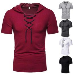Men's Casual Shirts Men T-shirt Solid Color Lace-up Summer Top Breathable For Daily Wear
