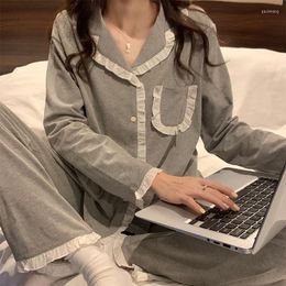 Women's Sleepwear Women Long Sleeve 2PCS Sleep Suit Autumn Cotton Pajamas Sexy Home Clothes Lounge Wear Loose Pocket Intimate Lingerie