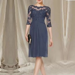 New Gray Short Mother of the Bride Dress Scoop Knee Length Lace Appliques Half Sleeves Chiffon Guest Party Gowns Robe De Soiree