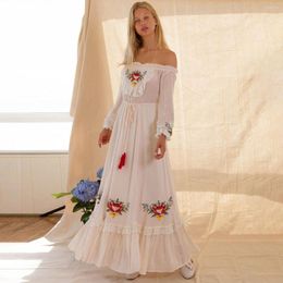 Casual Dresses Jasie Boho Floral Embroidered Midi Dress Autumn Women Off The Shoulder Chic Ruffle Trim Beach 2023 Vintage Sundresses