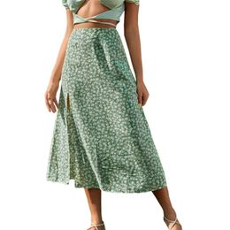 Skirts Fashionable Women's Skiing Side Split Print Midi Long Skiing Boho Leisure A-line Chiffon Summer High Waist Women's Skiing 230410