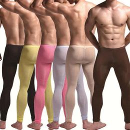 Men's Thermal Underwear Ice Silk Legging Homme Sleepwear Long Johns Sexy Bottom Trousers See Through Ultra-Thin Leggings Men Pants