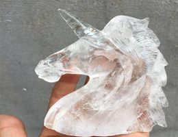 1pc Manual carving Natural clear white quartz unicorn skull crystal healing for home decoration stone skull3061237