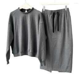 Work Dresses 23 Autumn Comfort Cotton Skirt Set Women O-neck Long Sleeve Casual T-shirt Elastic High Waist Sexy Split Midi Office Suits