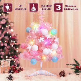 Christmas Decorations Pink Tree Set with LED Light Mini Desktop Ornaments 2024 Year Gift DIY Xmas Party Home 231110