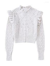 Women's Knits Ruffled Trim Round Neck Single Breasted Knit Cardigans High Street Faux Pearl Beading Long Sleeve Cropped Sweater Cardigan