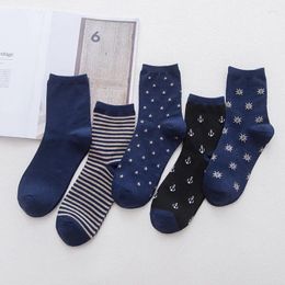 Men's Socks Navy Blue Star Anchor Rudder Striped Cotton Business Casual Sokken Dropship