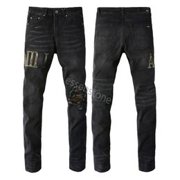 Miris printed embroidery miri designer mens jeans motorcycle hole luxury blue denim men's fashion street wear men designer pants wholesale Am Men's Distressed jean