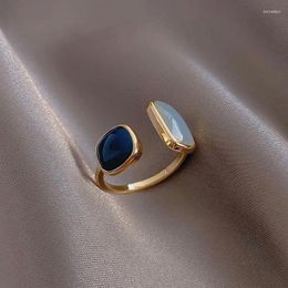 Cluster Rings Blue Oil Dripping Ring French Retro Square Fashion Temperament Simple Opening Women's Luxury Jewelry Birthday Gift