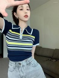 Women's T Shirts Chic Crop Top Striped POLO Short Sleeve Shirt Knitting Slim Fashion Woman Blouse 2023 Black Tie Summer Korean