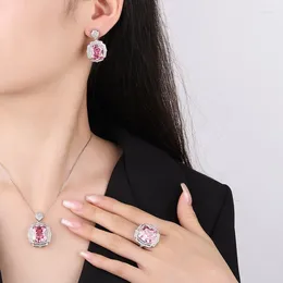 Necklace Earrings Set Trendy Emerald Pink Zirconia Pendant Ring Women Luxury Wedding Bridal Jewellery Anniversary Gift