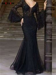Vintage Sexy V Neck Trumpet Mermaid for Women New Fashion Slim Embroidery Black Dress Elegant Evening Dresses