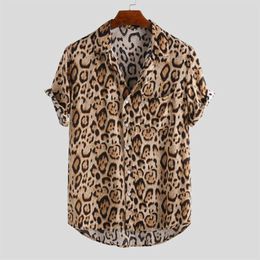 Adults Men's Leopard Print Shirts New Male Casual Short Sleeve Holiday Beachwear Shirt Man Loose Turn Down Collar Shirt Tops277C