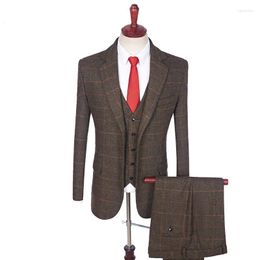 Men's Suits 2024 Vintage Slim Fit Brown With Orange Wool Cheque Tweed Business Tailored Wedding Men Suit Jacket Vest Pants