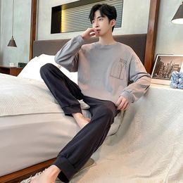 Men's Sleepwear 2 Pieces Cotton Pajamas Set Spring Autumn Nightwear O Neck Male Plus Size 4XL Homewear Youth Boy Pijamas Homme
