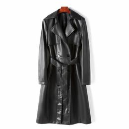 Genuine Leather Coat Women's Long jacket Belt Slim Outerwear Overcoat Black Tops XS S M L XL Spring Clothing