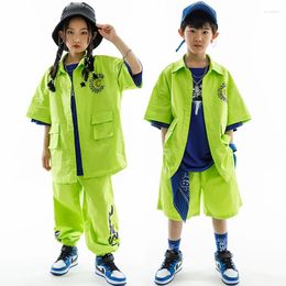 Stage Wear 2023 Jazz Dance Costumes For Kids Fluorescent Green Jacket Loose Pants Suit Boys Girls Hip Hop Dancing Rave Clothes DN15224