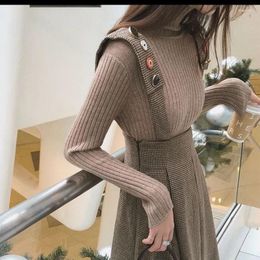 Work Dresses Fall Winter Two Piece Set Women Dress Fashion Plaid Strap Turtleneck Long Sleeve Sweater Womens Outfits Y934