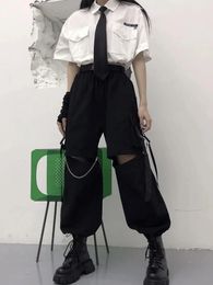 Women's Pants s HOUZHOU Gothic Streetwear Cargo with Chain Punk Techwear Black Oversize Korean Fashion Wide Leg Trousers Alt 230410