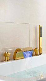 Gold Polished LED Light Waterfall Spout Tub Faucet 3 Handles Mixer Tap Bathroom Shower Sets7024906