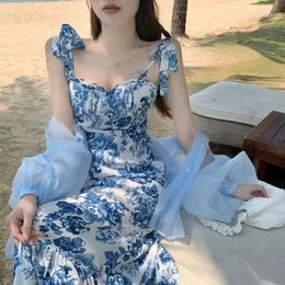 Casual Dresses Dress Woman Sweet Girl Sky Blue Strap Long Korean Style High-end Seaside Tourism Vacation Slip Skirt Female Trend