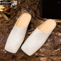 Slippers Full Grain Leather Ladies Women Slides Outside 2023 Summer TPR Flats Shoes Female Footwear Mules