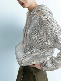 Женские жилеты, женский шикарный свитер с металлической отделкой в рубчик, фольгированный свитер с капюшоном, повседневный пуловер с длинными рукавами и шнурком, осенний женский элегантный свитшот 231109