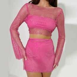 Two Piece Dress Solid Color Long Sleeve Mesh Top Sequin See-Through T-Shirt Skirt Suit