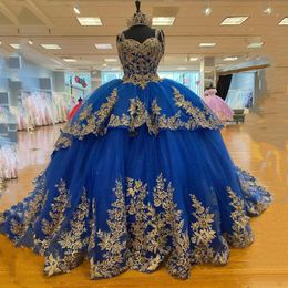 Royal Blue Quinceanera Dresses With Gold Lace Appliques Straps Sweetheart Neck Beaded Luxury Long Train Princess Sweet 15 Girls Prom Occasion Gowns