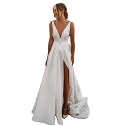 Sexy Deep V Neck Garden Wedding Dress Soft Satin Backless Sleeveless High Split Waistband Bride Gown Wedding Dress Plus Size