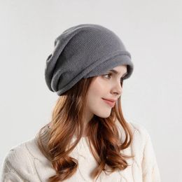 Berets Women'S Pile Hat Autumn/Winter Knitted Postpartum Hats With Small Brim And Ear Warm Cap For Large Head Cover Wide