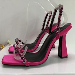 Luxury Satin Diamond Narrow Band Sandals For Girls Unique High Heel Slingbacks Open Toe Rhinestone Chain Mules Summer