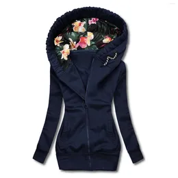 Women's Hoodies Womens Zipper Jacket Light Autumn Winter Flower Printed Hooded Sweatshirts Female Blazer Solid Sports Bodycon Slim Blous