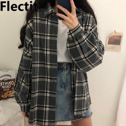 Women's Blouses Shirts Flexit flannel oversized shirt long sleeved collar boyfriend plain shirt autumn and winter women's shirt and shirt* 230410