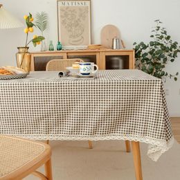 Table Cloth Korean Style Literary Small Grid Cotton Linen Tablecloth With Tassels For Dinning Rural Home Party Decor Cover