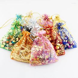 Jewellery Pouches 100Pcs 7x9cm Multi Colours Organza Bag Small Rose Design Wedding Gift Drawstring Candy Charms Packaging Bags