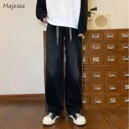 Men's Jeans Side Stripe Men Wide Leg Loose Mid Waist Ankle Length Fitness Japanese Style All-match Slouchy Vintage Spliced Hipster