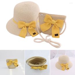 Wide Brim Hats Straw Hat Panama-Hat With Handbag Set &Bowknot For Summer Po Headwear And All-match Bag