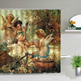 Angels in Heaven Shower Curtain Set Polyester Fabric Machine Washable Printed Background Wall Curtains for Bathroom Home Decor 210182n