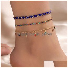 Anklets 4Pcs/Sets Boho Blue Rope Anklets For Women Men Lovely Fish Hollow Out Cactus Geometry Leaf Foot Chain Jewellery Drop De Dhgarden Dhr1B