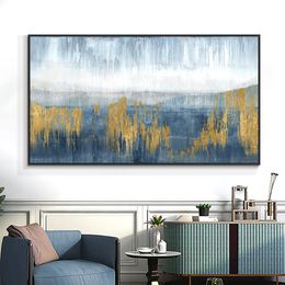 Paintings Abstract Handmade Landscape Oil Painting On Canvas Blue With Gold Foil Paintings Wall Art For Bedroom Modern Home Decoration 231110